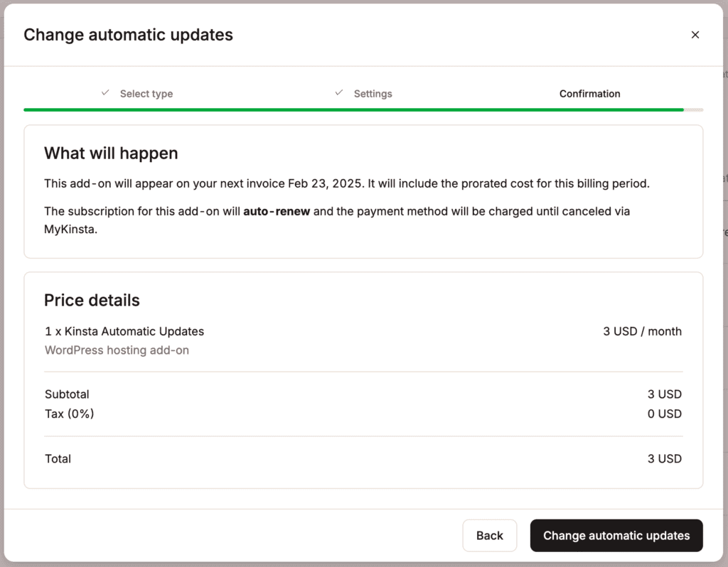 Billing information for Kinsta Automatic Updates.