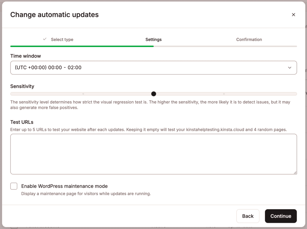 Choose your settings for Kinsta Automatic Updates.