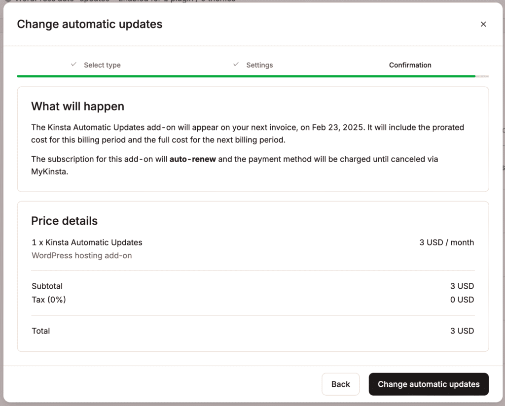 Billing information for Kinsta Automatic Updates.