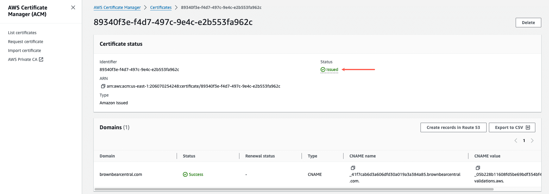 SSL certificate issued in Amazon Certificate Manager.