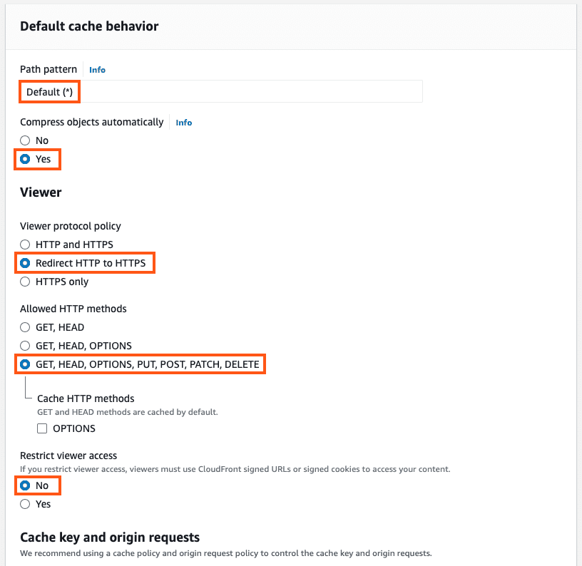 Recommended cache behavior settings for CloudFront distribution.