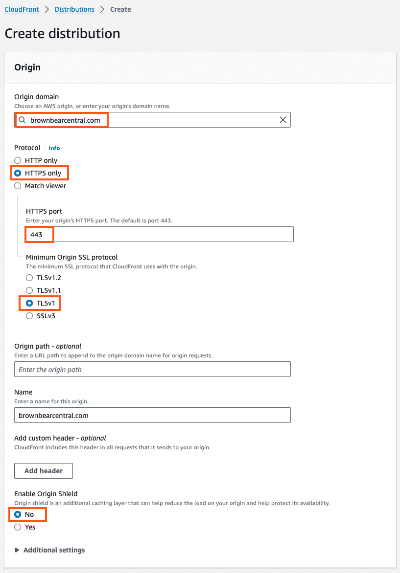 Recommended Origin settings for CloudFront distribution.