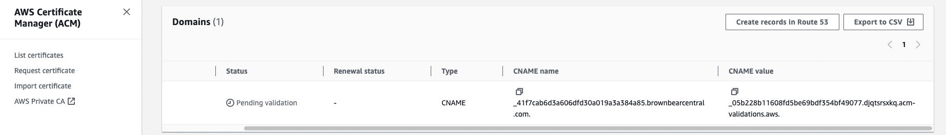 CNAME record details for domain validation.