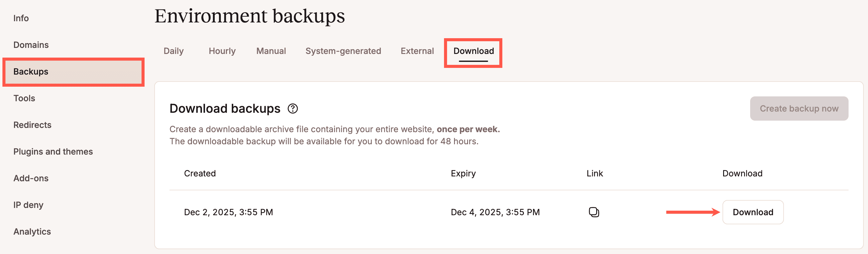 Download your WordPress backup in MyKinsta.