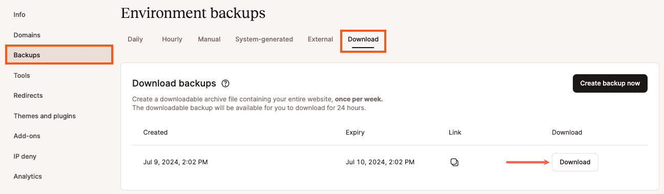 Download your WordPress backup in MyKinsta.