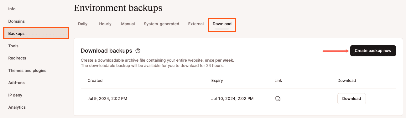 Downloadable backups in MyKinsta.