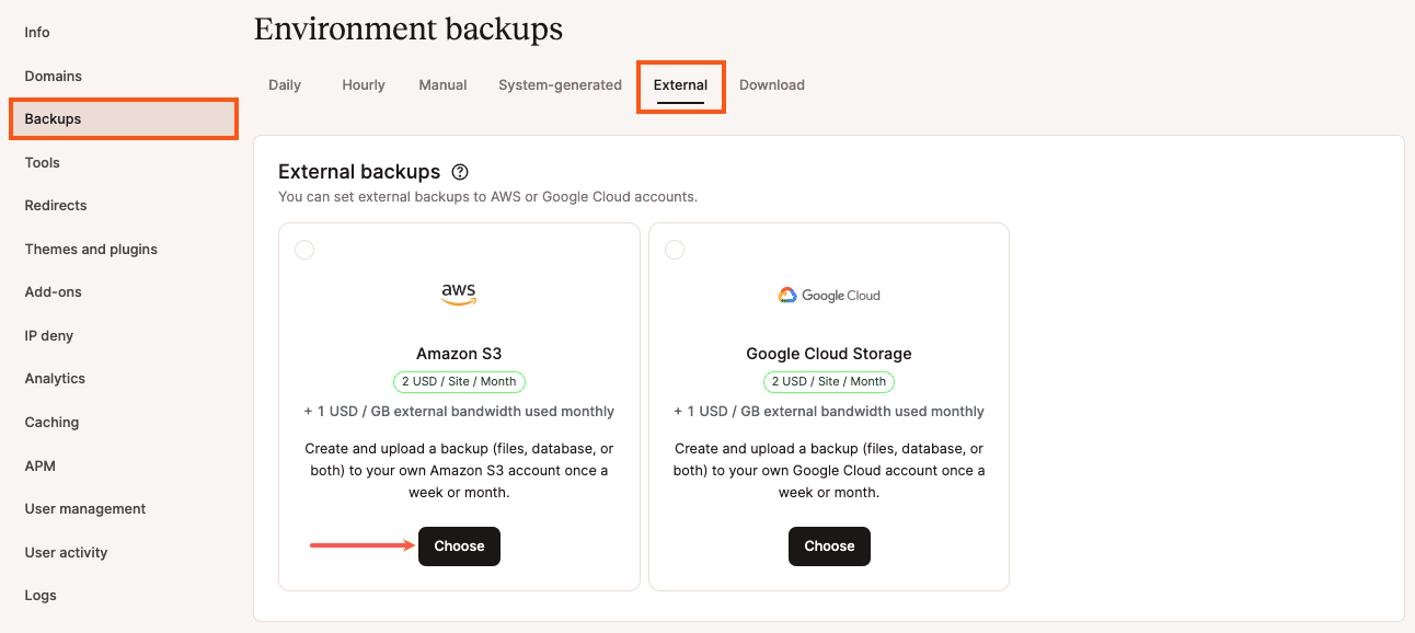 Select the Amazon S3 option for external backups.