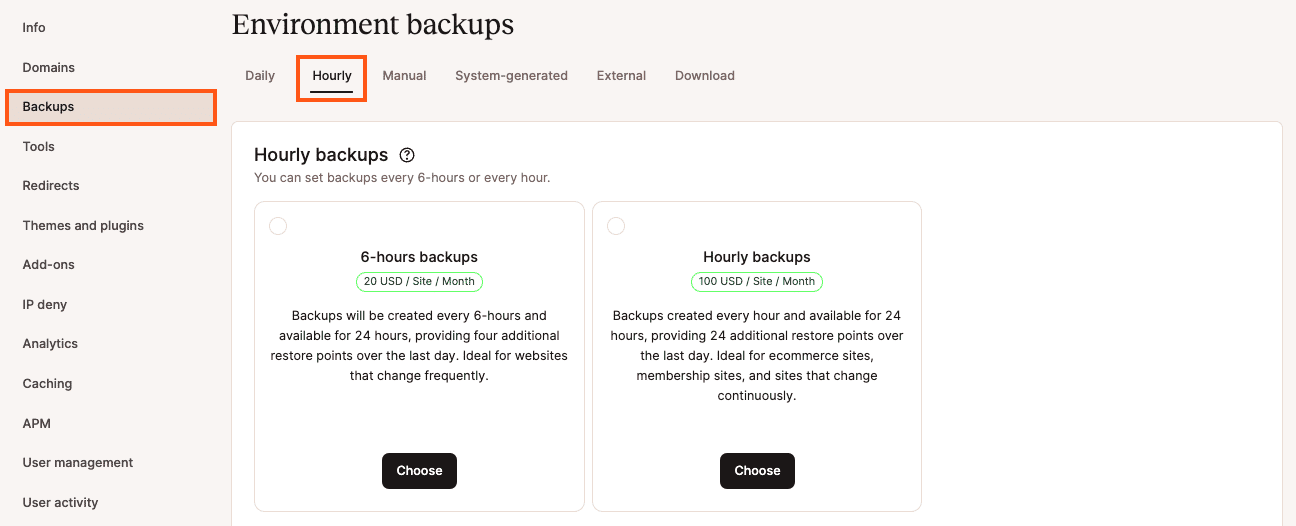 Hourly backup option in MyKinsta.