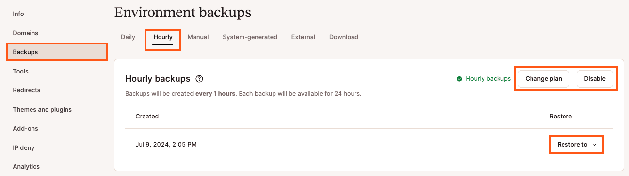 Hourly backups enabled in MyKinsta.