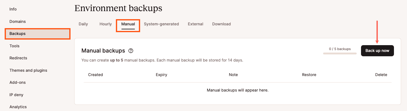 Manually create a WordPress backup in MyKinsta.