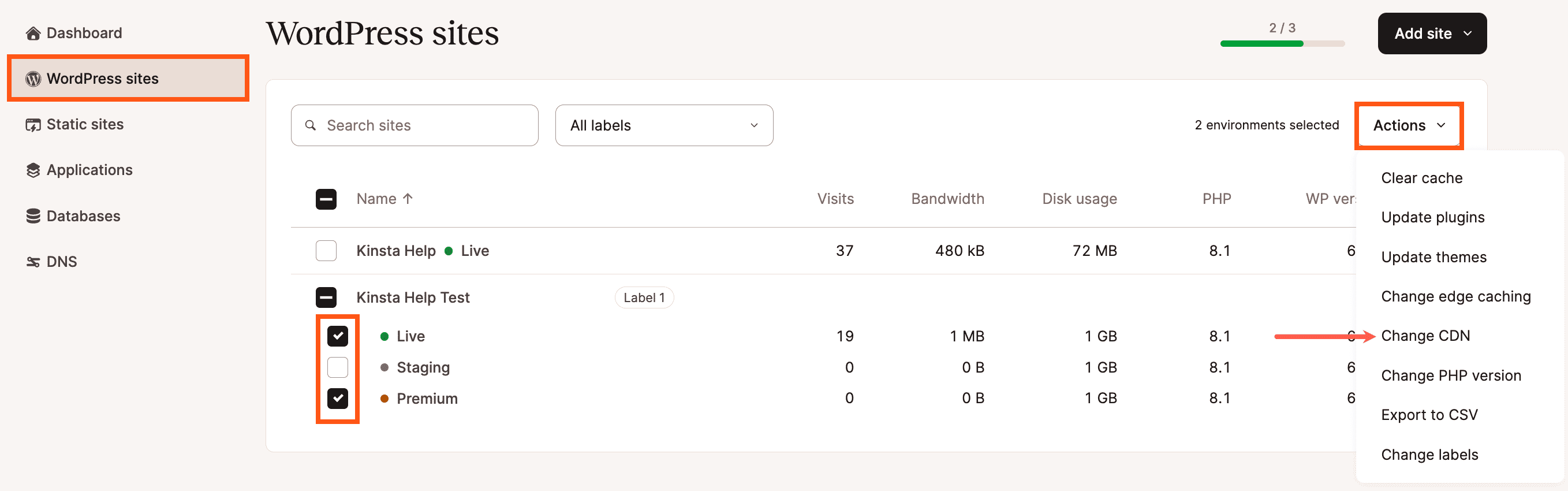 Sélectionner les environnements pour lesquels vous souhaitez activer le CDN de Kinsta.