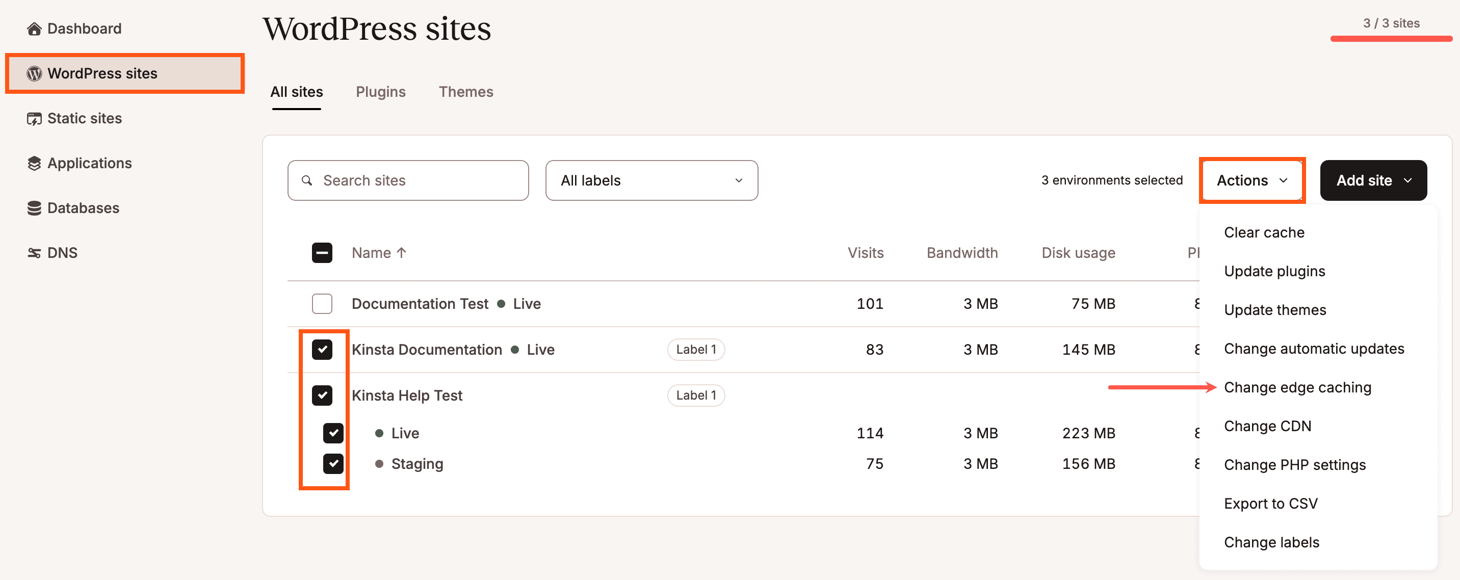 Select which environments you want to enable edge caching for.