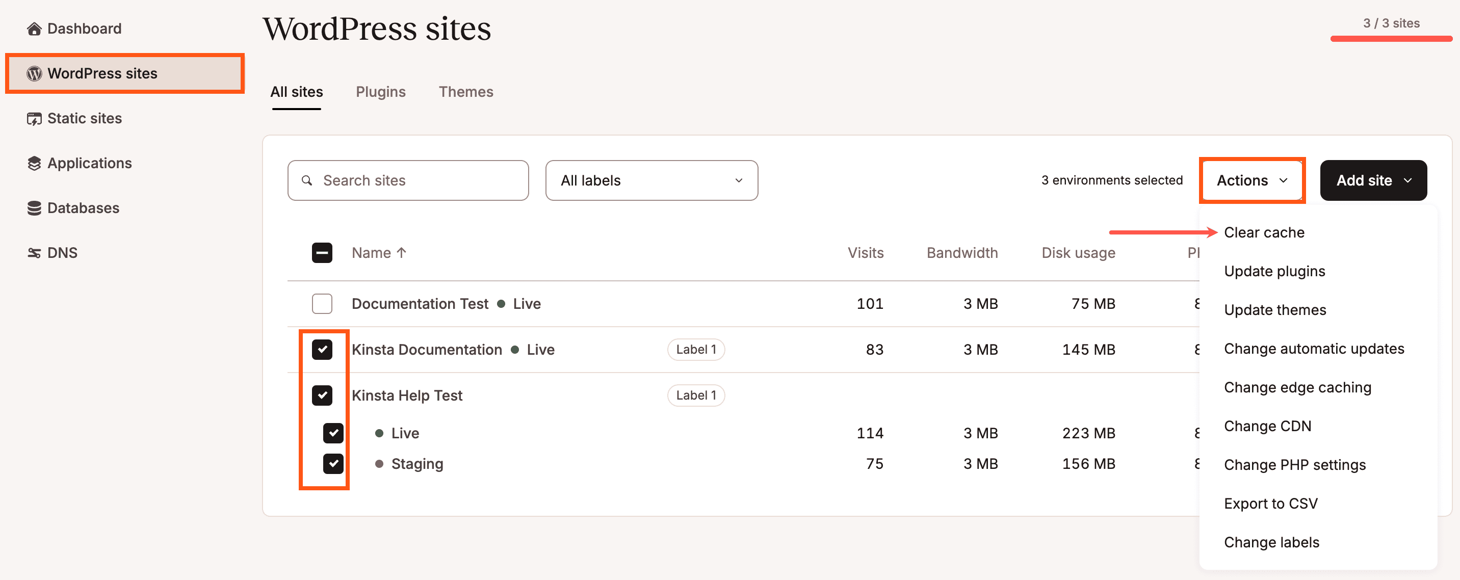 Select which environments you want to clear the cache for.