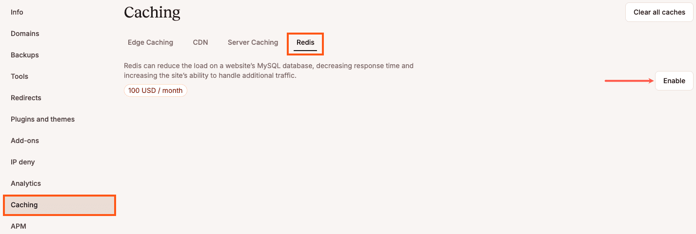 Enable the Redis caching add-on.