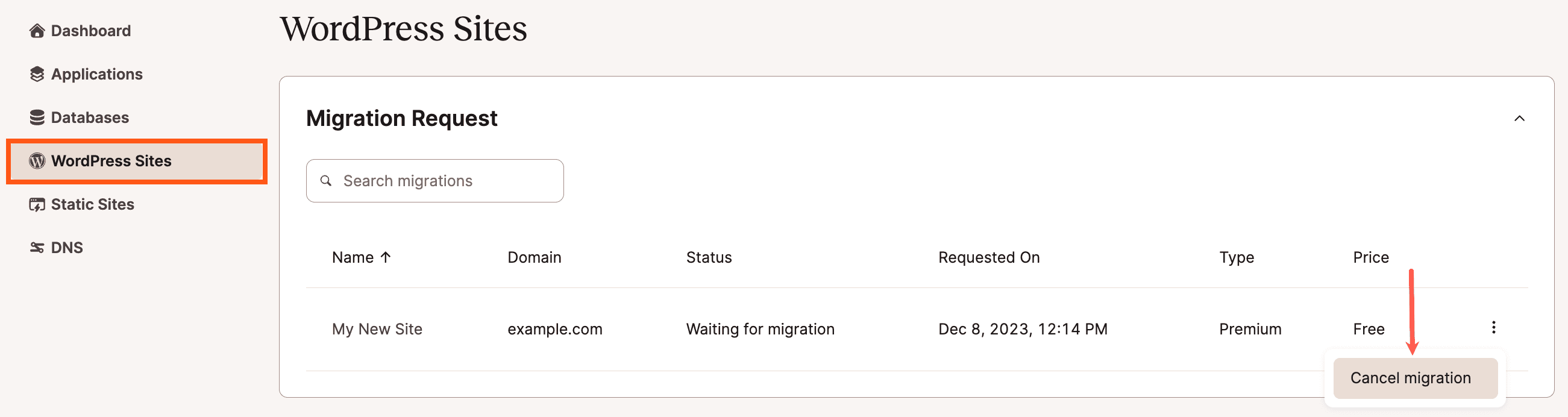 Cancelar la migración de un sitio en MyKinsta.
