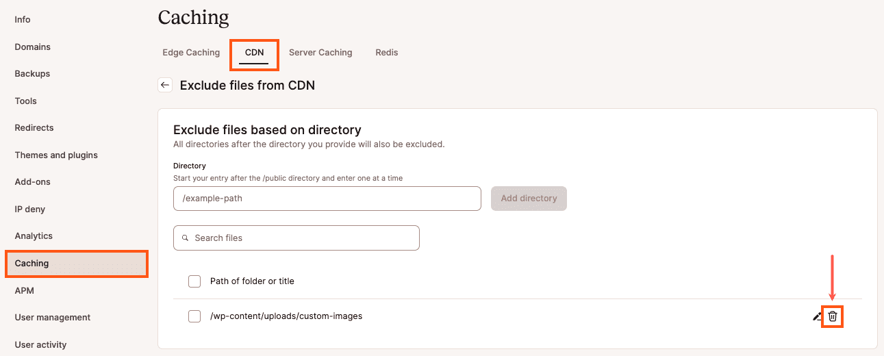 Delete a directory or URL exclusion in Kinsta CDN settings.