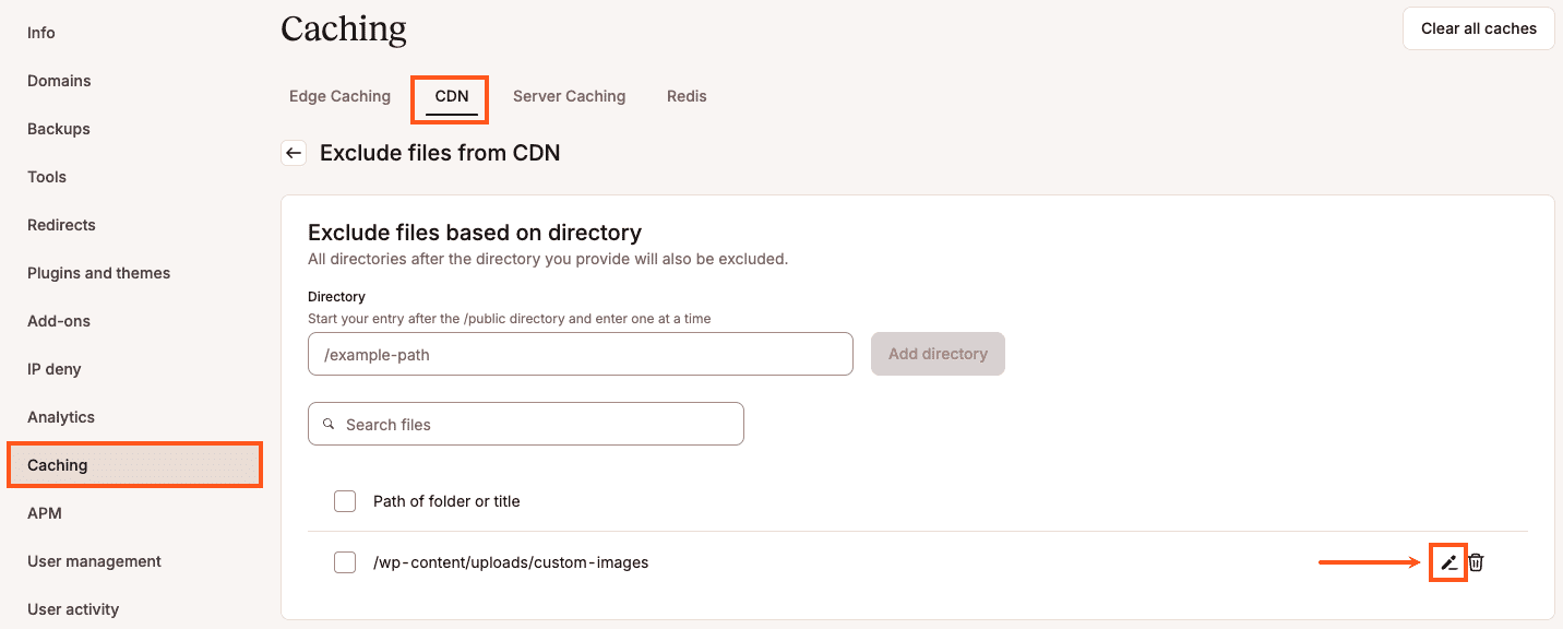 Edit directory or URL exclusions in Kinsta CDN settings.