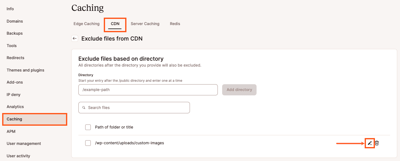 Edit directory or URL exclusions in Kinsta CDN settings.