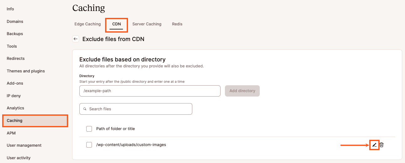 Modificare le esclusioni di directory o URL nelle impostazioni CDN di Kinsta.