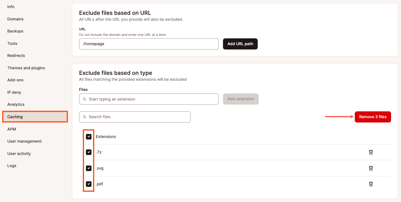 Lösche mehrere Dateityp-Ausschlüsse in Kinsta CDN