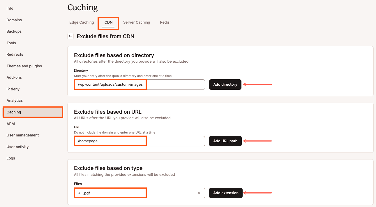 Réglages MyKinsta pour l'exclusion CDN.