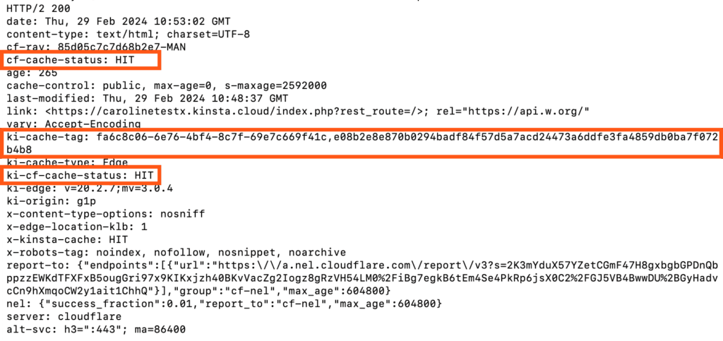 Comprueba cf-cache-status, ki-cf-cache-status y ki-cache-tag en respuesta a curl a un activo estático en el Terminal.