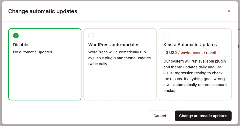 Enable WordPress auto-updates or Kinsta Automatic Updates.