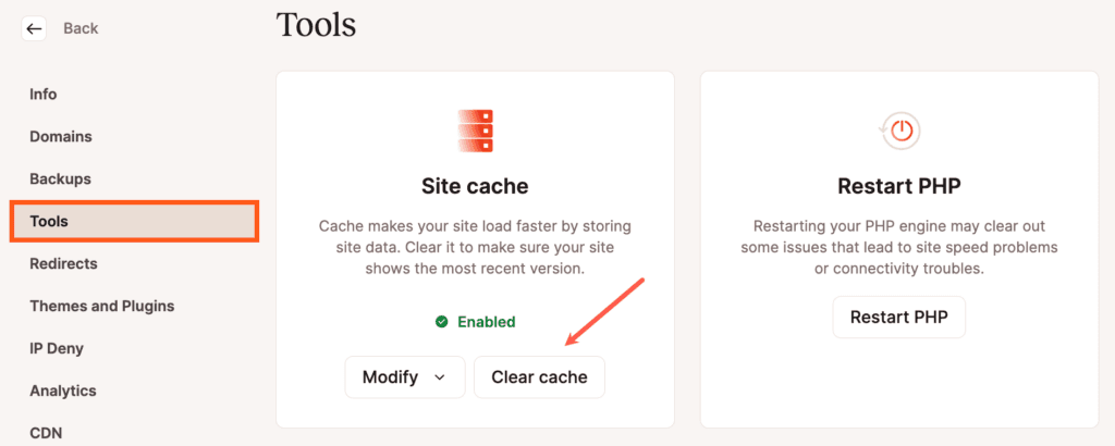 Svuotare la cache nella scheda Strumenti di MyKinsta.