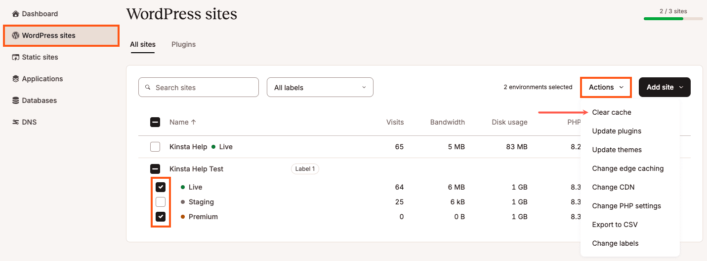 Select which environments you want to clear the cache for.