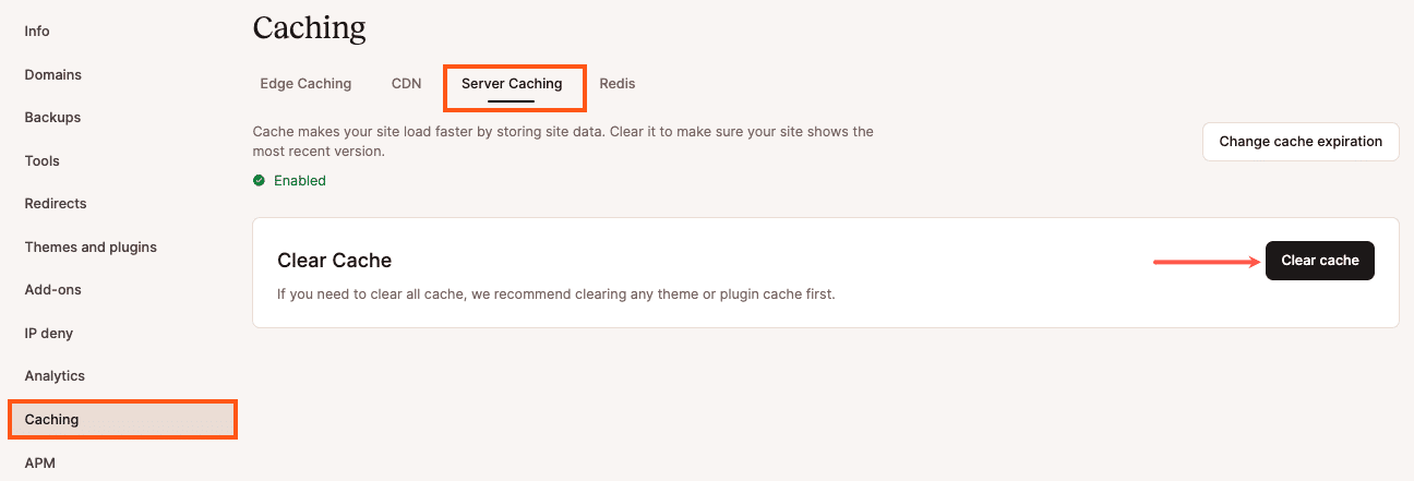 Cancellare la cache del server nella scheda Cache di MyKinsta.