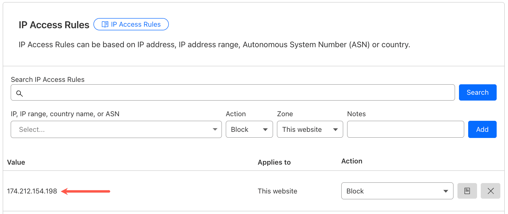 IP access rule in the Cloudflare dashboard.