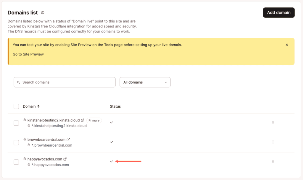 Uma marca de verificação ao lado do seu domínio principal no MyKinsta indica que ele está apontado corretamente.