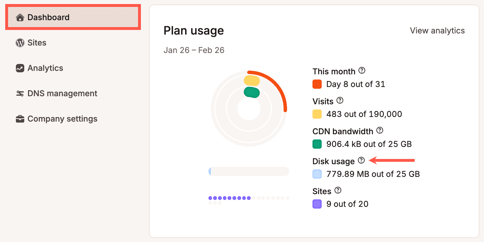 Total disk space usage in MyKinsta.