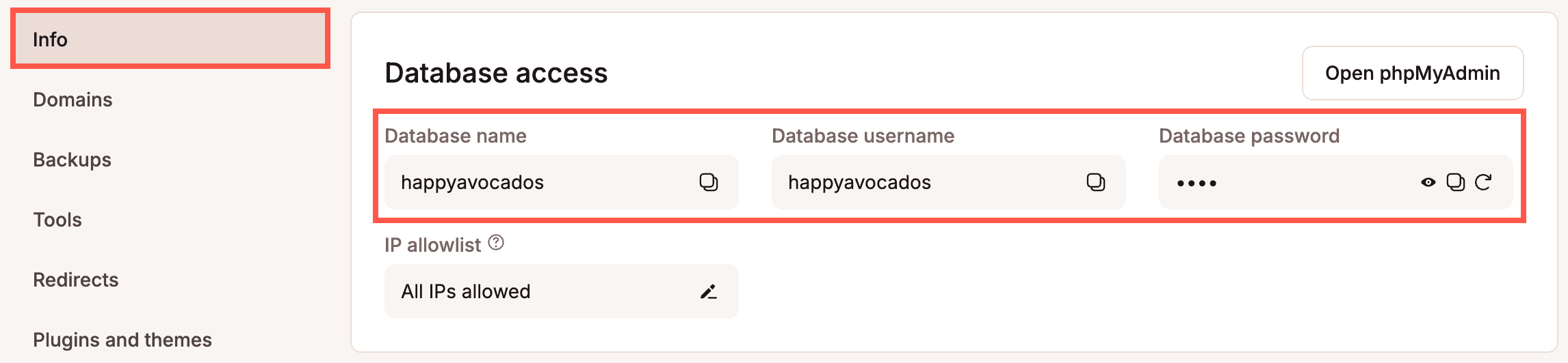 Database access credentials in MyKinsta.
