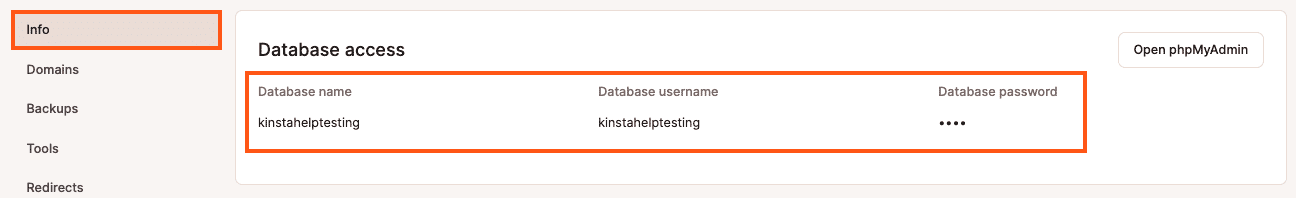 Database access credentials in MyKinsta.