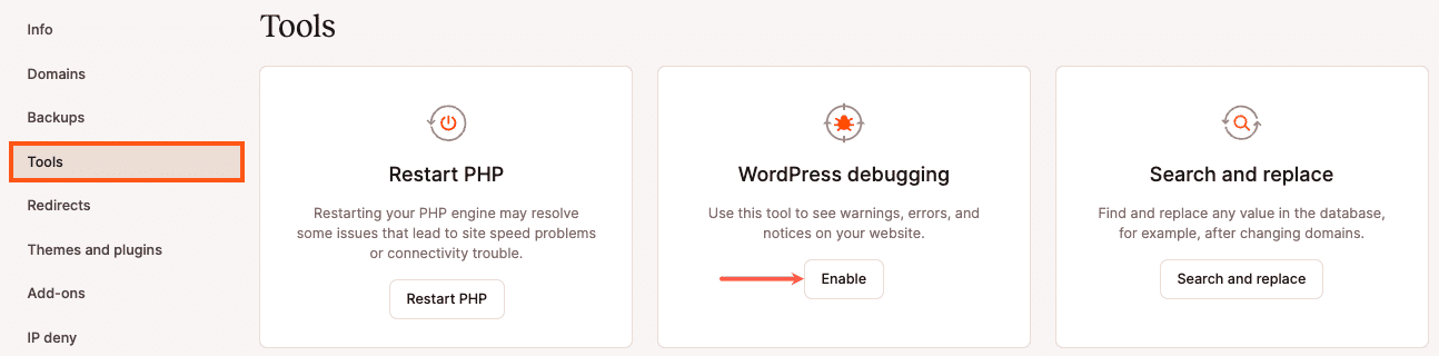 Enable WordPress debug mode in MyKinsta.