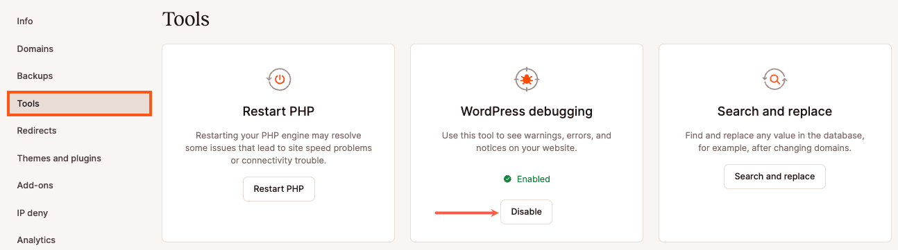Disable WordPress debug mode in MyKinsta.