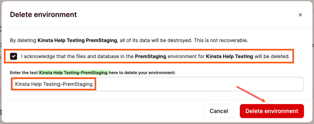 Bestätige die Löschung der Premium-Umgebung