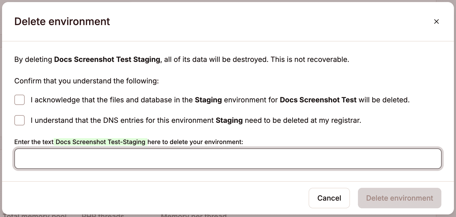 Delete a staging environment in MyKinsta.