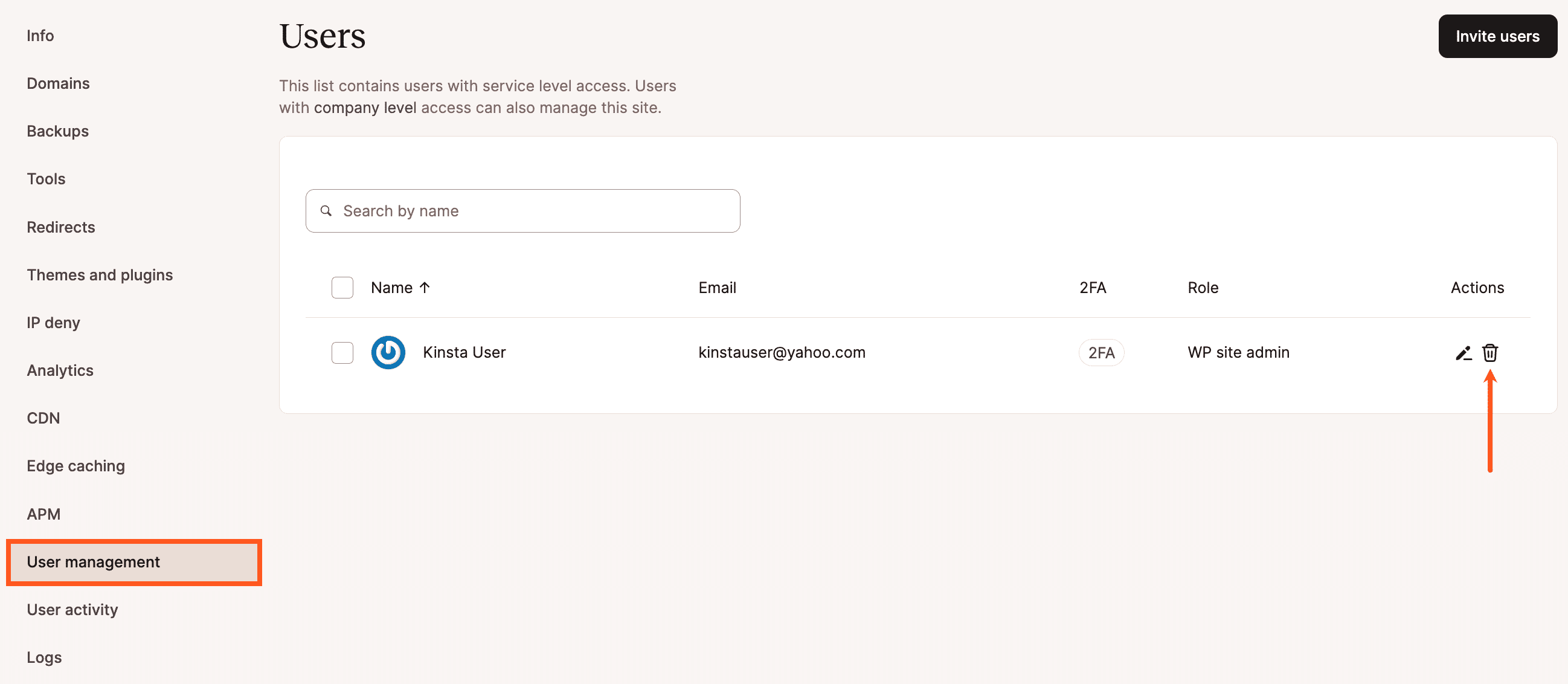 Verwijder een gebruiker uit een service in MyKinsta.