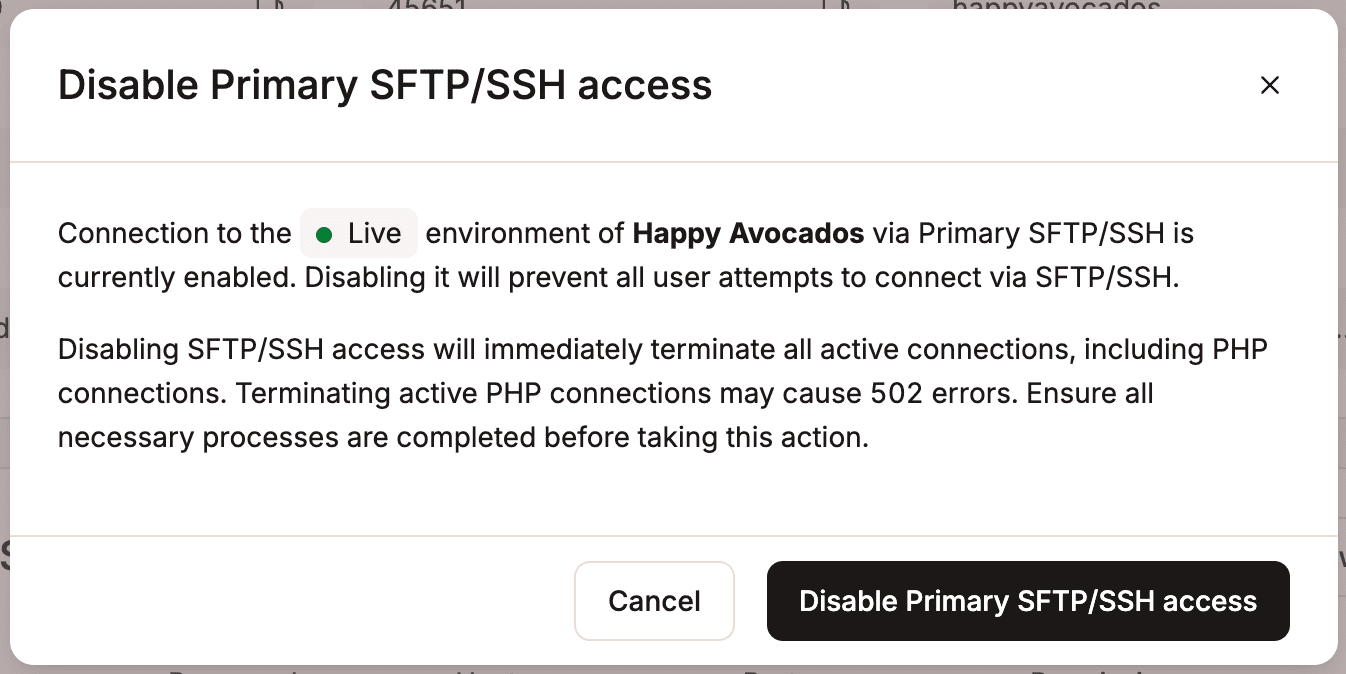 Confirm the changes to disable SFTP/SSH access.