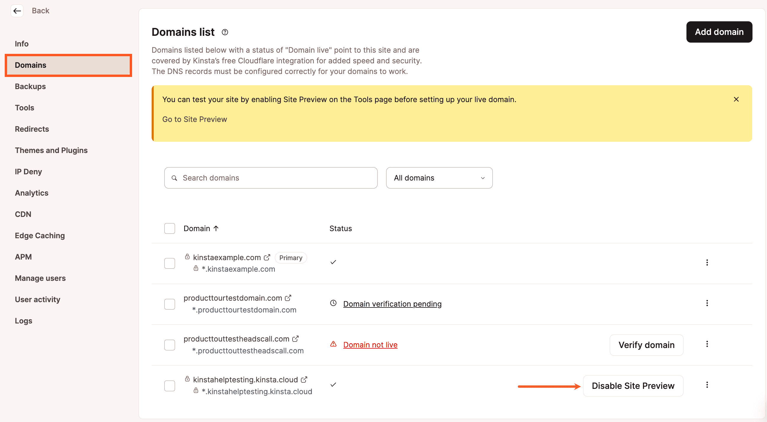 Desactivar la Vista Previa del Sitio en la página de Dominios en MyKinsta.