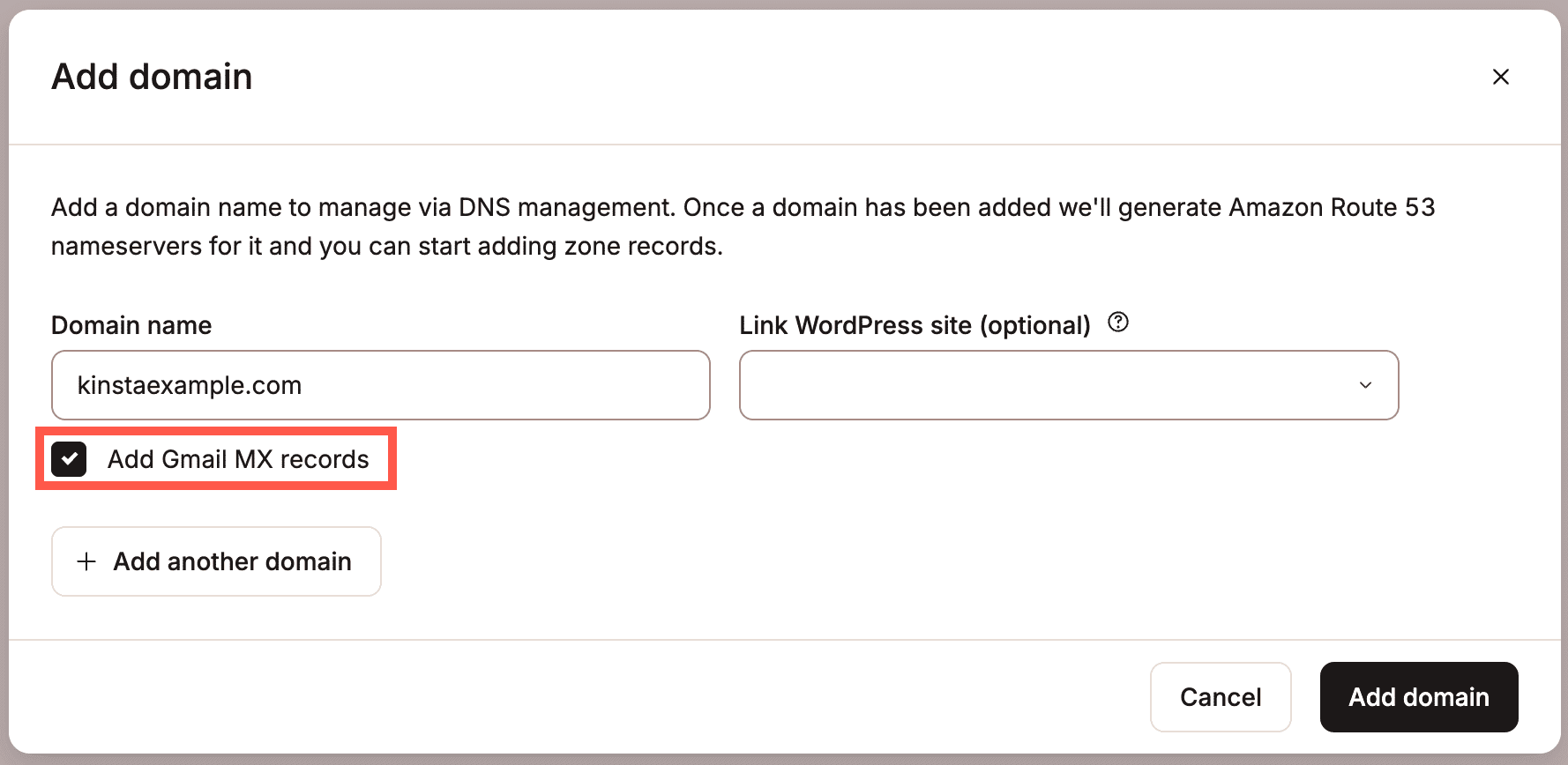 Select the option to Add Gmail MX records in the Add domain modal.