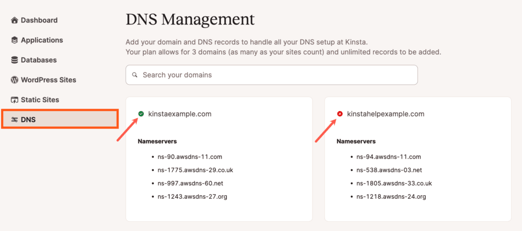Una marca de verificación en el DNS de Kinsta indica servidores de nombres apuntados a Kinsta; una X indica que no lo están.