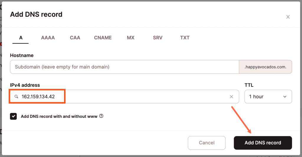 Maak een A record aan in Kinsta's DNS.