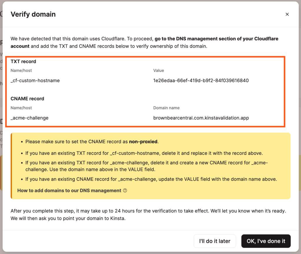 Tweede set DNS records in MyKinsta om Cloudflare-domein te verifiëren.