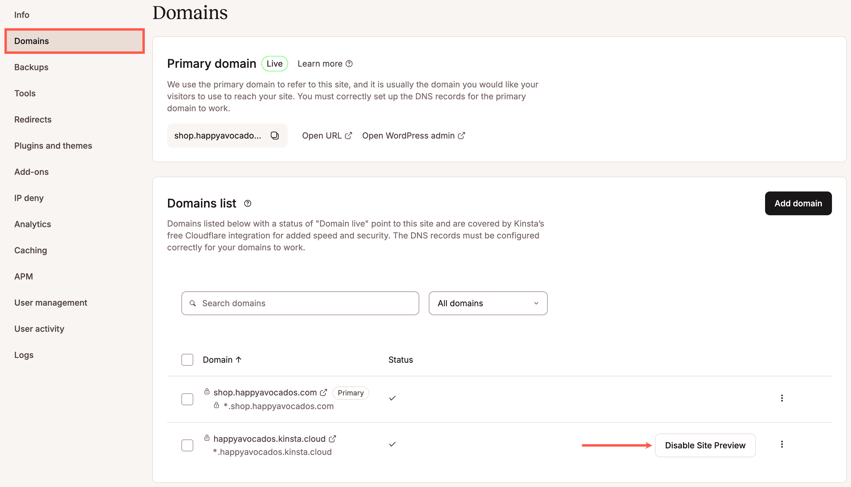 Disable Site Preview on the Domains page in MyKinsta.