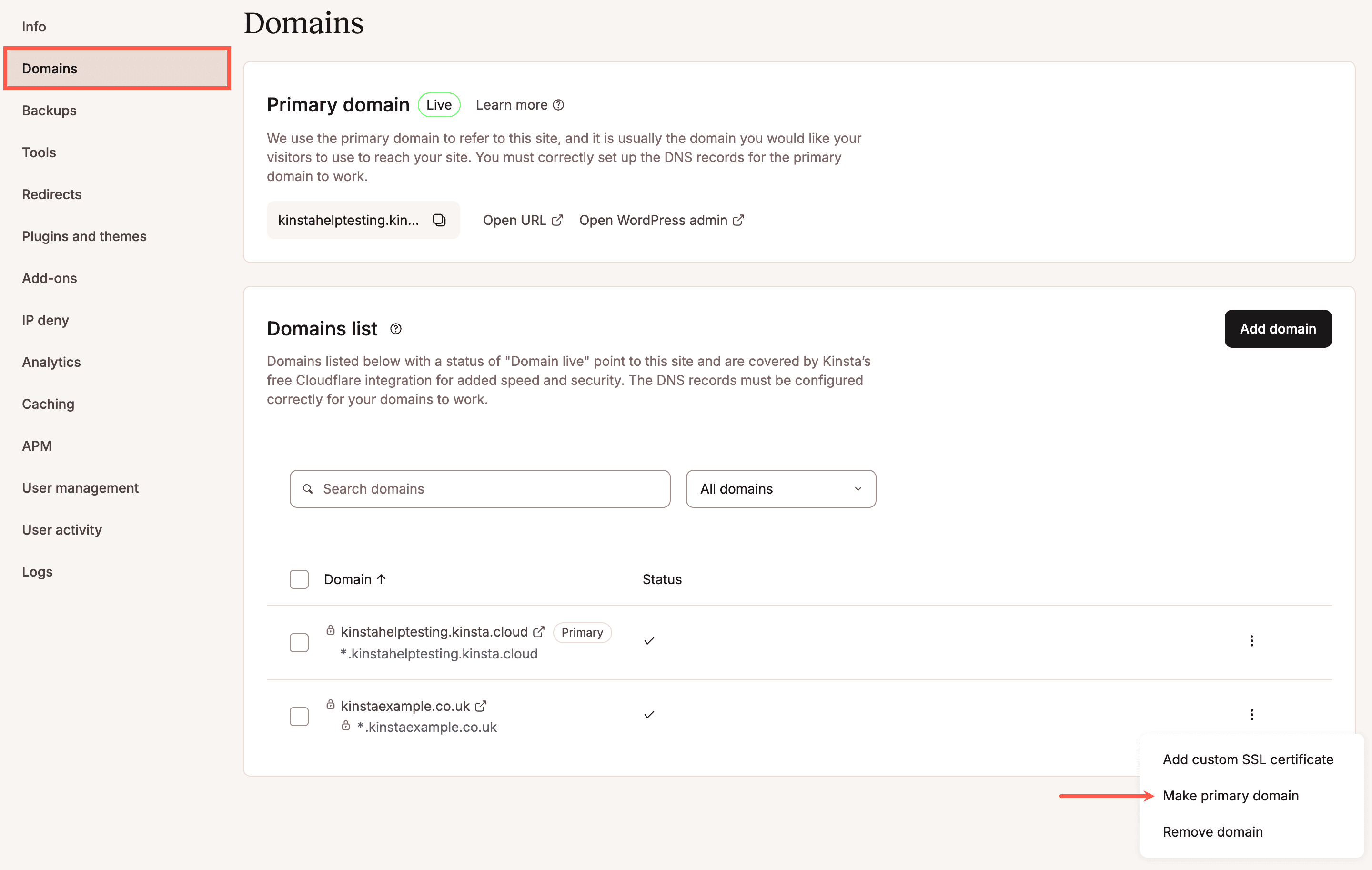 Make a domain the primary domain in MyKinsta.
