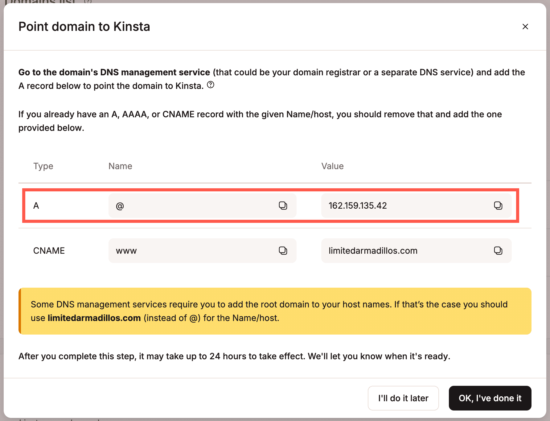 A record to point your domain to Kinsta.