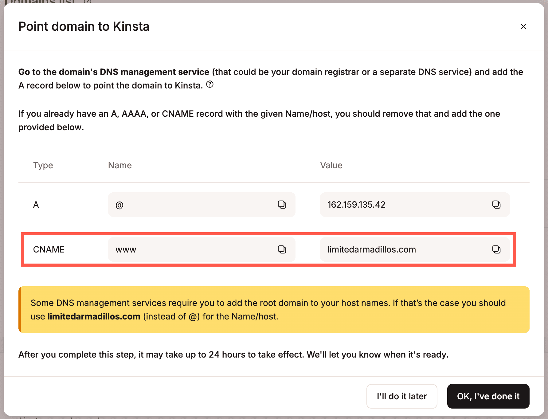 CNAME record to point your www domain to Kinsta.